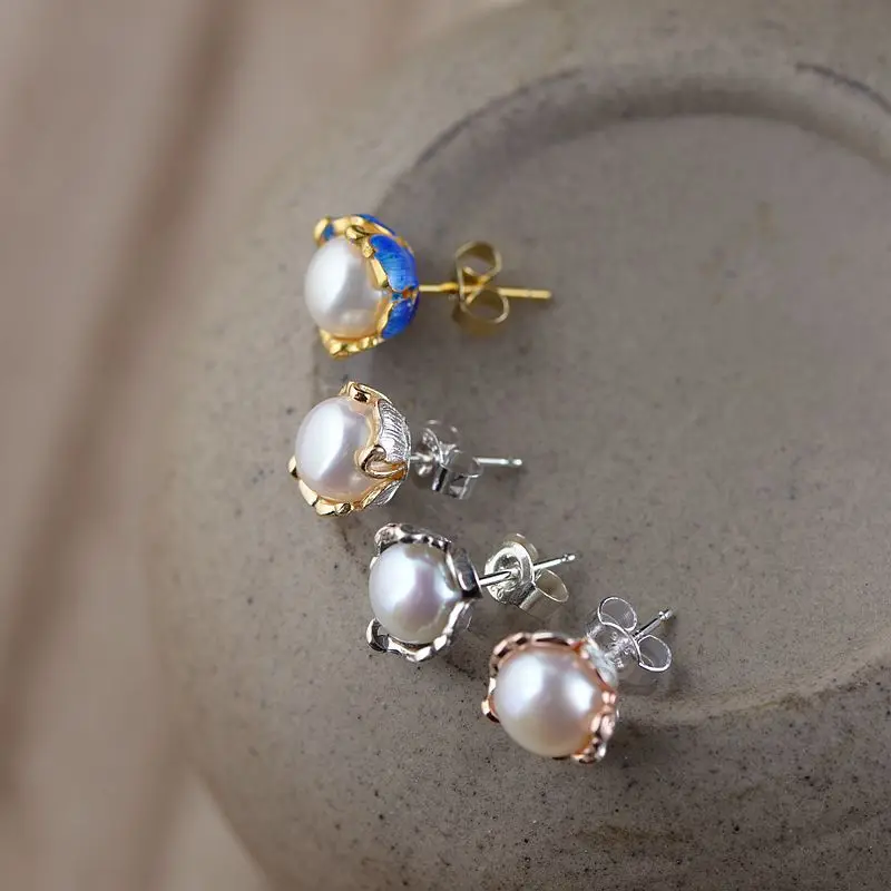 

GQTORCH 925 Sterling Silver Earrings Pearl Jewelry Enamel Process Simple Flower Design 18k Gold Plated Aretes