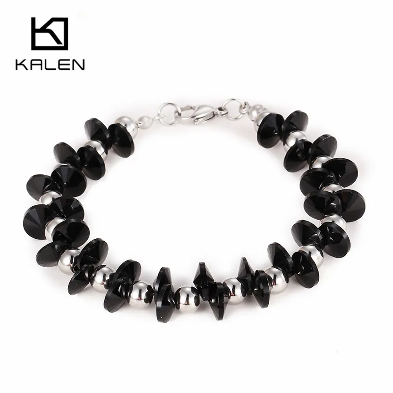 

Kalen Cheap Strand Bracelets For Women Stainless Steel Silver Beaded Bracelets With Black Crystal Ethnic Bracelet Jewelry 2019