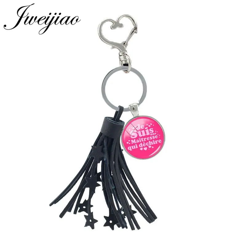 

JWEIJIAO Black Tassel Keychain Glass Cabochon Heart Clasps Keyring Key Chian For Woman Teachers Bag Key Decoration CT270