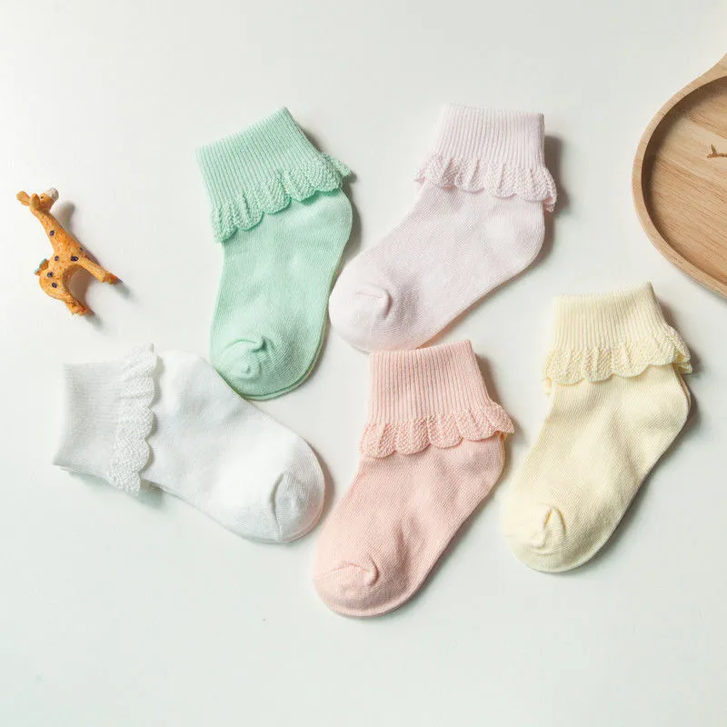 5 Pairs Cute Lace Ruffles Baby Girl Socks Kids Cotton Soft Solid Color Socksin Socks from