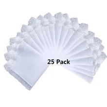 BAIYIXIN дамы 60 S хлопчатобумажные носовые платки женские мягкие однотонные чисто белое кружевное Hankies для свадебной вечеринки 25 упаковок