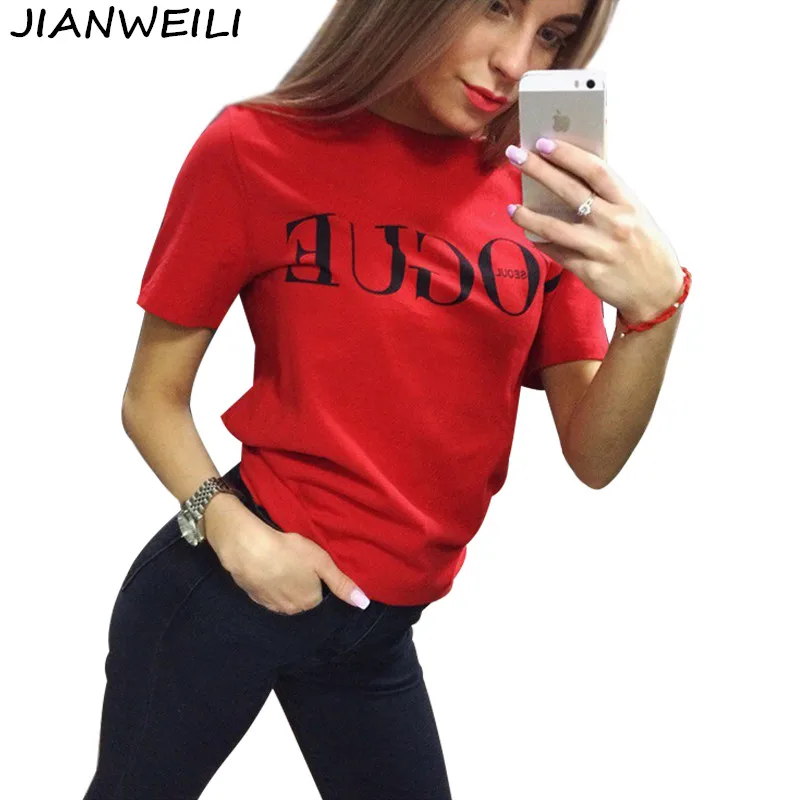 

JIANWEILI Summer T shirt women VOGUE O-Neck harajuku FASHION Short Sleeves Autumn girls T-shirt Female Tee Tops tshirt plus size