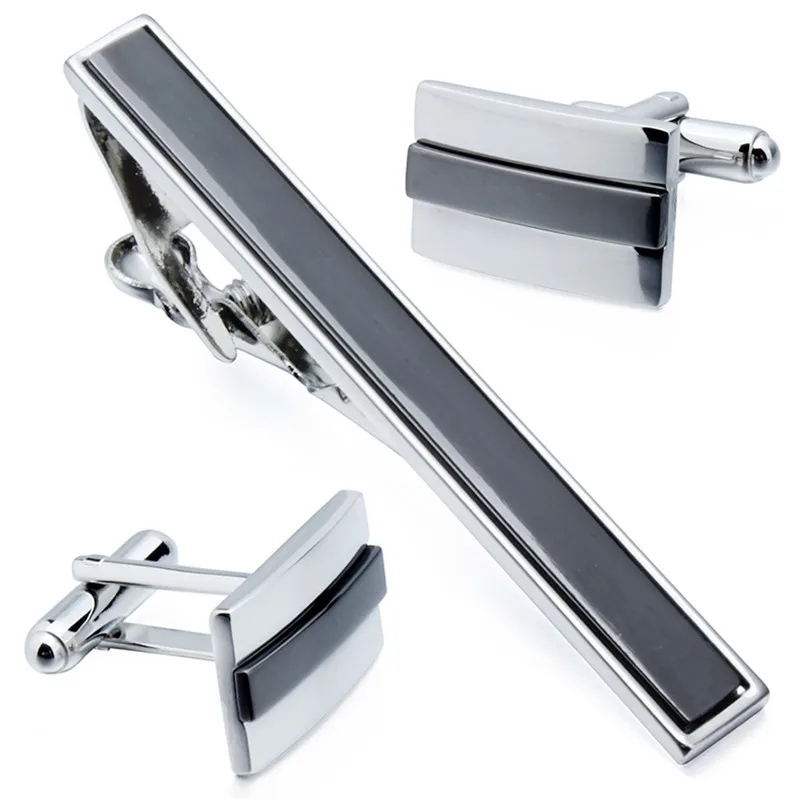 Black Tie Bar Cufflinks Set for Men's Shirt Cuff Links Tie Slide Clasp