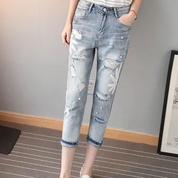 

2018 New Hole Jeans Applique Jeans Nail Beads Jeans For Women Haren Cropped Casual Pants Women Sweet Female Pants