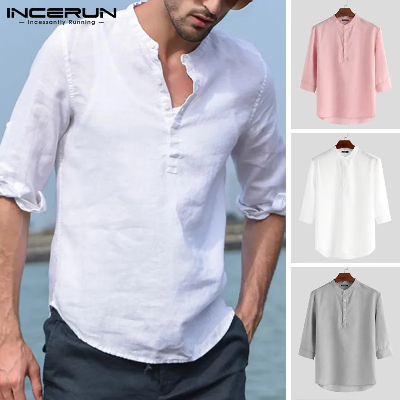 

INCERUN Collar Stand Summer 2020 Men Half Opene Button Seven-point Sleeve Shirt Casual Solid Color Literary Loose Casual Shirt