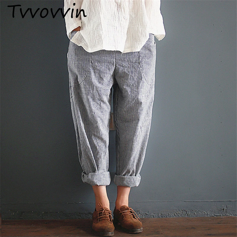 

Women Striped Pants Elastic Waist Loose 2019 Autumn Fashion Cotton Linen Women 5XL 4XL Pockets Vinage Casual Trouser V201