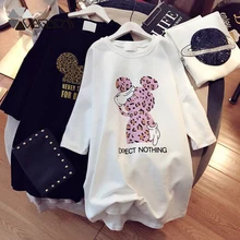 Женские платья с принтом Минни Микки из мультфильма размера плюс, черная одежда с коротким рукавом, повседневное модное свободное летнее платье с леопардовым принтом