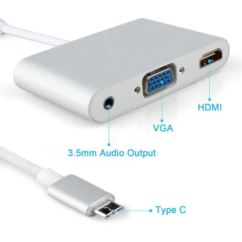 USB C type c к HDMI VGA адаптер 3,5 мм аудио 3 в 1 HDMI конвертер кабель для IPHONE 7 8 X Google pixel 2XL S8 S7 S9 Поддержка IOS 12 - Цвет: USB C to HDMI VGA