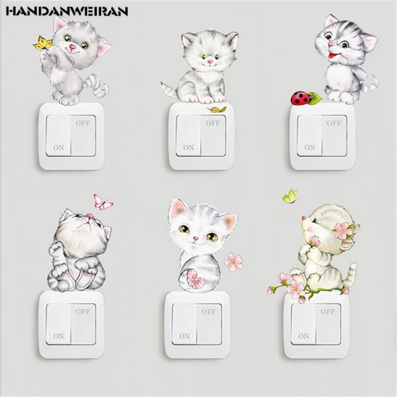 

1PCS Cute cartoon cat switch stickers computer refrigerator hand stickers creative waterproof background wall stickers home
