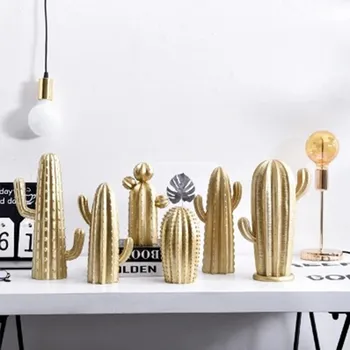 

Modern Simplicity Style Resin Craft Cactus Shape Golden Home Decoration Nordic Desk Decor Office Living Room Ornaments Adornment