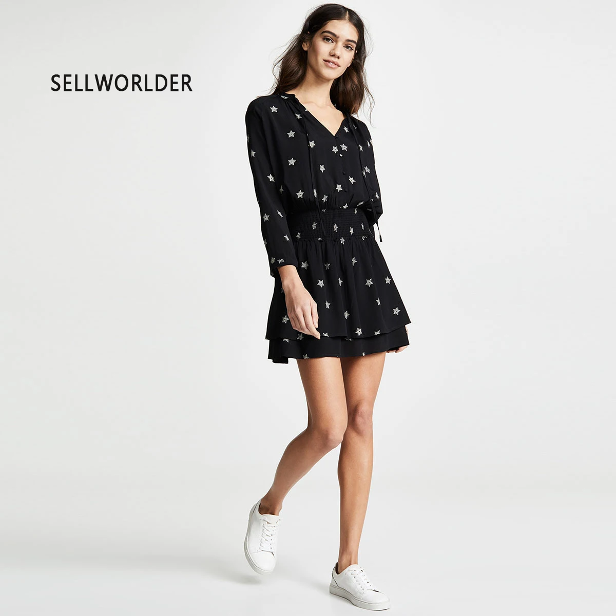 

2019 Women Summer Simple Sweet Dress for Girls Narrow with a Bow tie Pleated Dress with stars v-neck cute mini dress