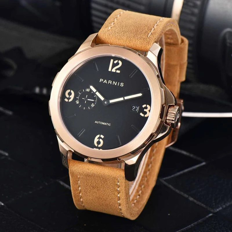 

44mm Luxury Brand Mechanical Watches Parnis Casual Automatic Watch Men Sapphire Leather Luminous