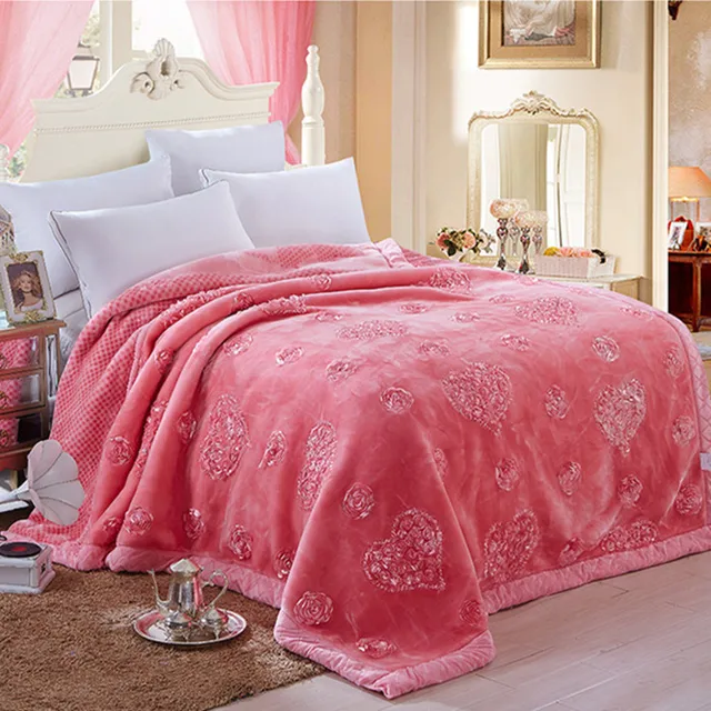 Wedding Decorative Home Textile Embroidery Blanket Winter Thick Fluffy Fat Comforter Mink Winter Soft Warm Blankets On The Bed Pink