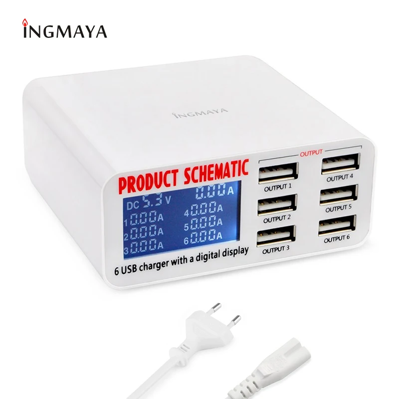 INGMAYA USB Charger 6 Port LCD Portուցադրել իրական ժամանակի լիցքավորումը iPhone 7 8 X iPad- ի համար Samsung Galaxy S9 Huawei Mi Power Bank AC ադապտեր