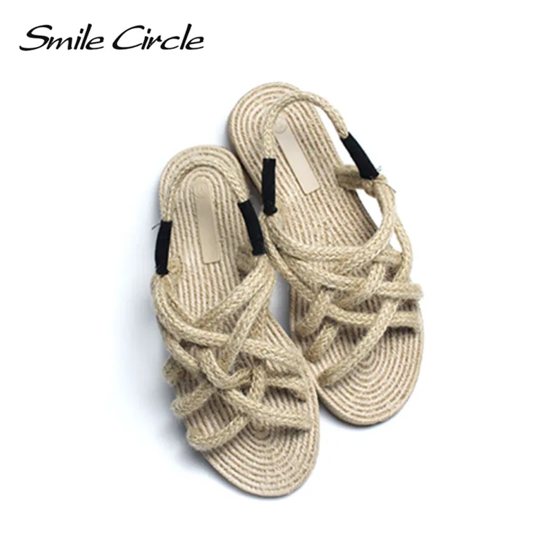 online Sorriso Círculo Verão Sandals Mulheres alpercatas sapatos Baixos Macios Natural corda de cânhamo chinelos Mulheres sandales femme 2018 Novo