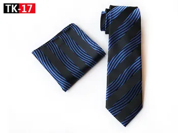 

8cm Woven Necktie Sets Black with Blue Unique Stripes Tie Handkerchief Set