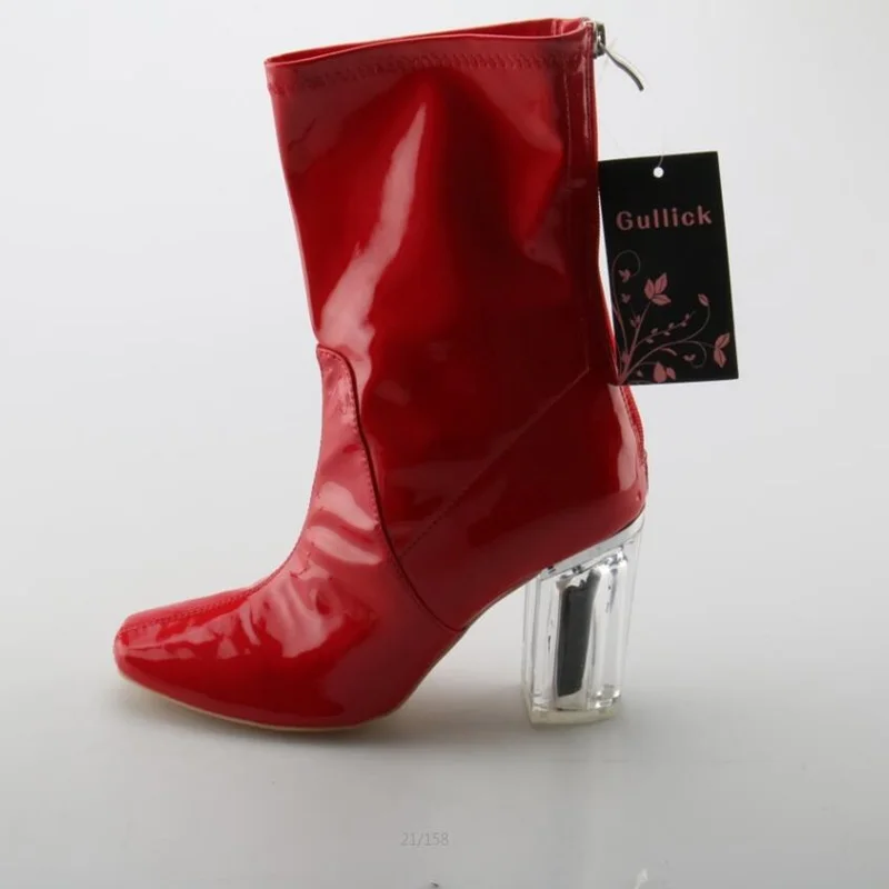 

Fashion Transparent PVC Chunky Heels Woman Boots Square Toe Zip Patent Leather Shoes Red Comfortable Autumn Dress Ladies Boots