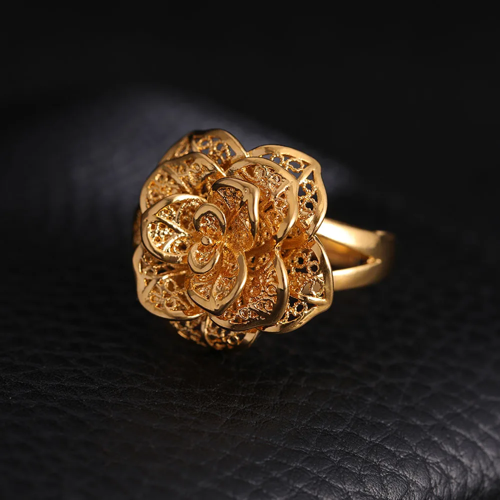 St.kunkka 24K Yellow Gold Filled Big Hollow Flower Ring For Woman's Wedding Party Statement Charm Ring 2018 New Fashion Jewelry