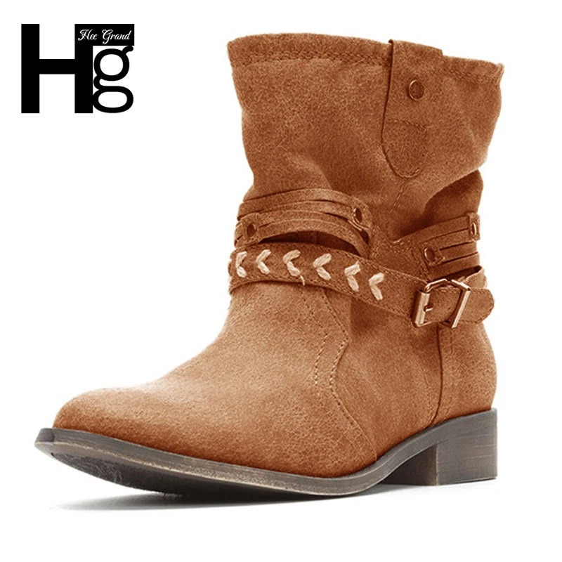 

HEE GRAND Winter Women Ankle Boots Med Square Heel Women Solid Round Toe Heel Martin Zip Basic Outside Boots XWX7164