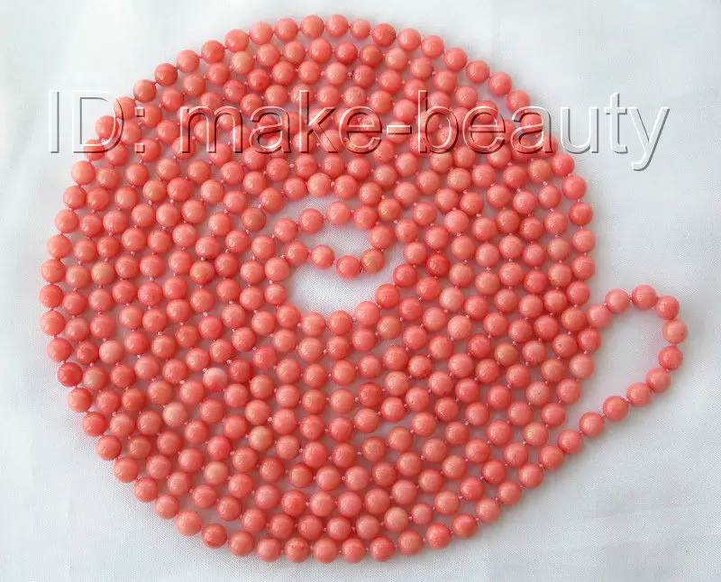 

Free shippingstunning long 100" 6mm round pink natural coral beads necklace h605