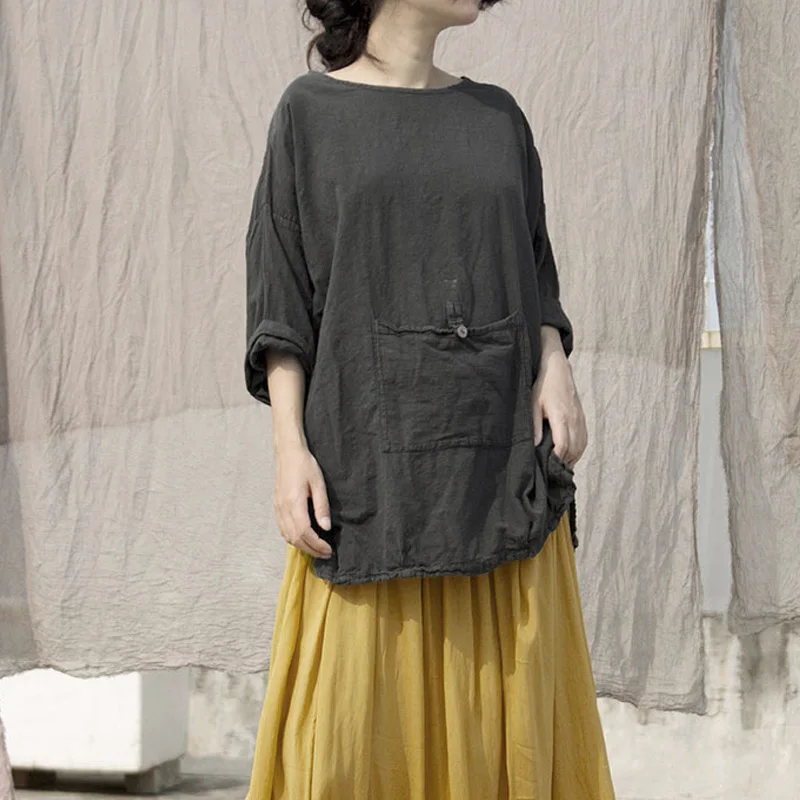 

Johnature Women Cotton Linen T-Shirts O-Neck Long Sleeve Pockets 2019 Spring New Solid Color Vintage Women Cloths Loose T-Shirts