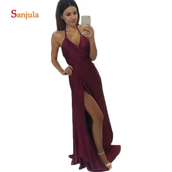 

Burgundy Satin A-Line Wedding Guest Dresses V Neck Halter Leg Slit Maid of Honor Bridesmaid Dress Cheap Backless Prom Gowns D39