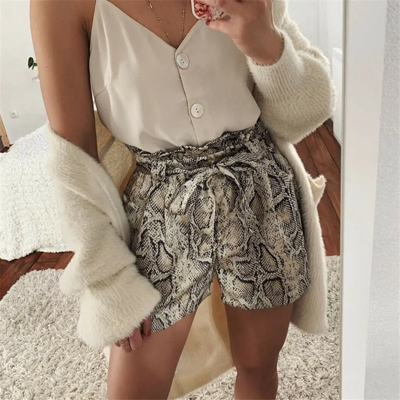 

Women High Waist Shorts 2019 Summer Bow Tie Belt Shorts Ladies Summer Loose Vintage Snake Skin Prine Short Mujer Femme Feminine