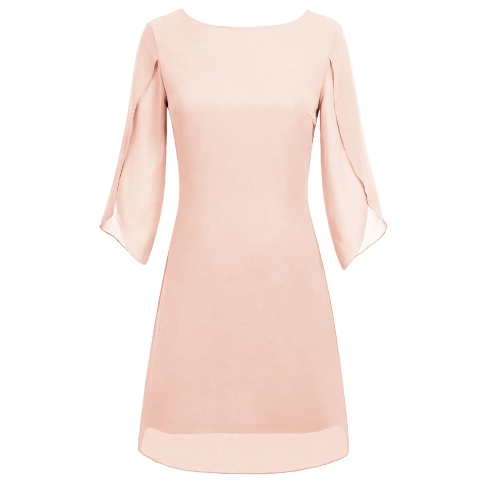 

Party Dress Women V-back Short Casual Formal Solid Cocktail Double layer 3/4 split sleeves