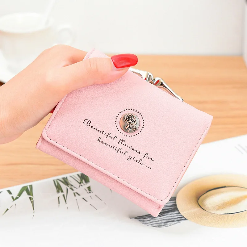 Женские сумки, держатель для карт, модная сумочка с розами, короткий кошелек, тройной бумажник, короткий милый кошелек