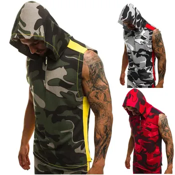 

2019 summer 3d printed running vest sports fitness sleeveless hoodedcotton short-sleeved men top
