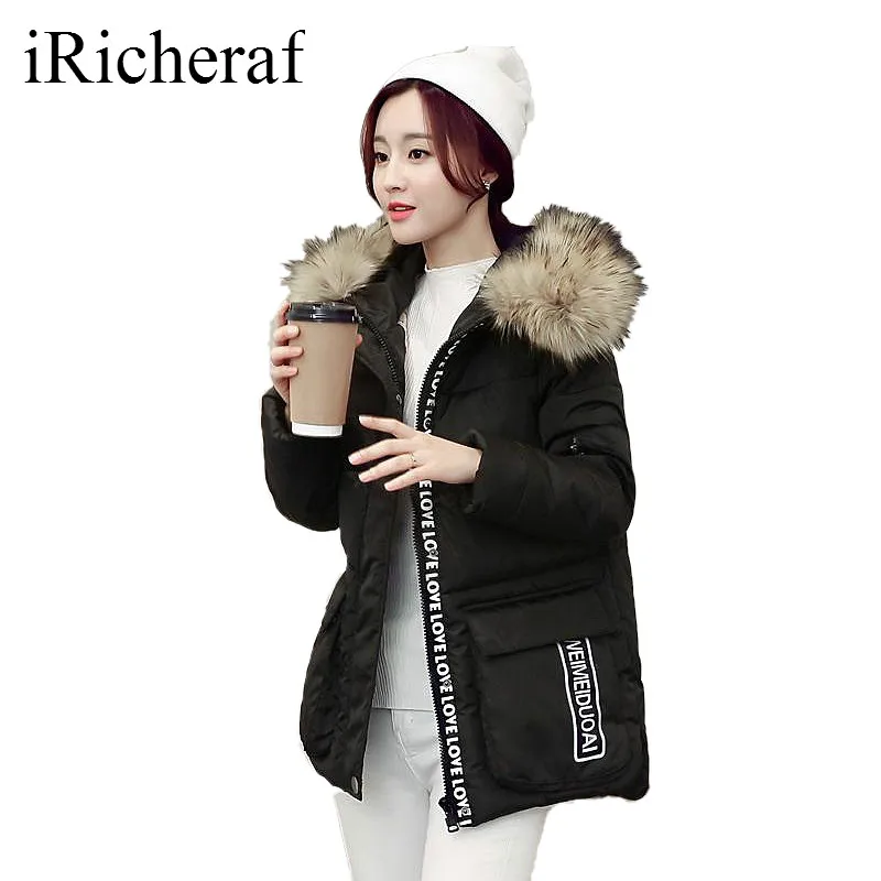 Women Thick Parkas Plus Size Fur Hooded Collar Letter Printed Cotton padded Loose Wineter Jacket Korean