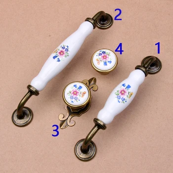 Door Handle Vintage Ceramic Metal Flower White Bronze Door Handles Kitchen Cabinet Wardrobe Cupboard Drawer Pull Knobs