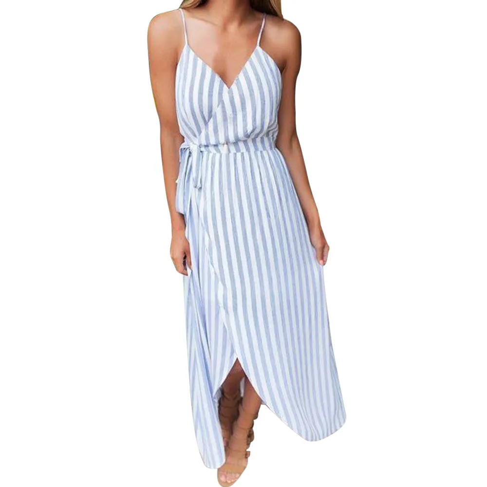 

Women's Dresses Women Sexy Strapless Striped Bandage V-Neck Lace-up Irregular Ankle-Length Dress For Dropship Vestidos@GA
