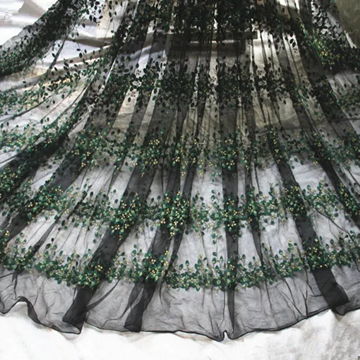 

130cm 51.18inch Wide Embroidery Tulle Lace Fabric in Black+Green+Gold,Party Dress Fabric