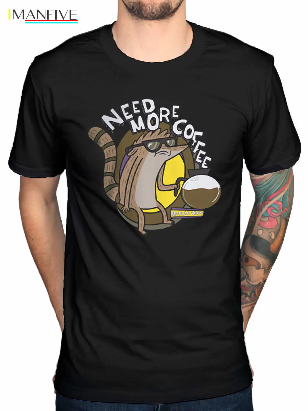 

Official The Regular Show Rigby Need More Coffee T-Shirt Mordecai Cartoon Networ 100% Cotton Brand New T Shirts