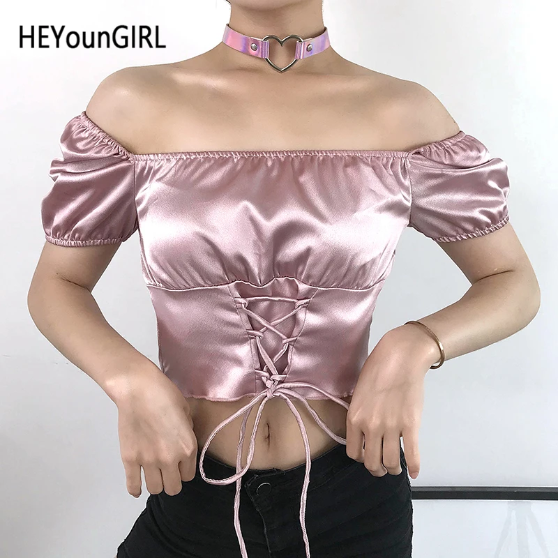 

HEYounGIRL Short Sleeve Satin Vintage Tshirt Women Bandage Backless Casual Crop Top T Shirt Elegant Tee Shirt Femme Summer 2019