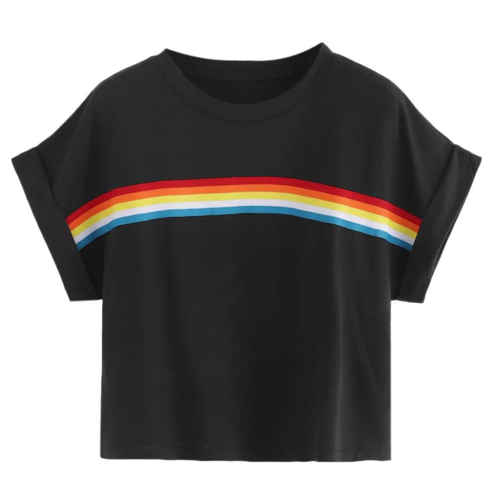 

2019 Summer T-shirts For Women Short Sleeve Striped Tape Panel Crop T-Shirt Casual Top Minimalist Women T shirt