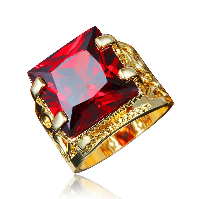 

Square Ring for Women Yellow Gold Filled Halo CZ Big Red Stone Cocktai Fingerl Ring Fashion Jewelry Size 7/8/9