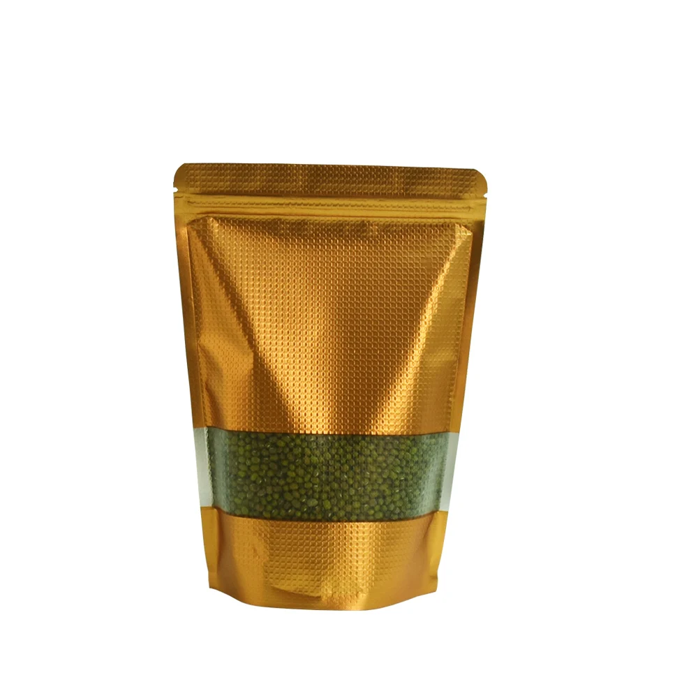 

DHL 500 Pieces Gold Embossed Stand Up Zipper Bag with Matte Clear Window Food Nut Dried Beef Fruit Flower Storage Bag Wholesale