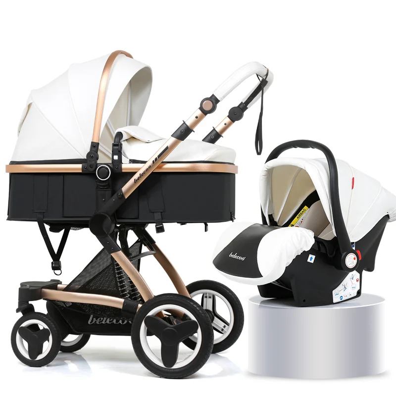 Роскошная детская коляска 3 в 1 с автокреслом с высоким пейзажем, коляска для новорожденных, дорожная система, 2 в 1, детская коляска, прогулочная коляска - Цвет: All White 3in1 PU