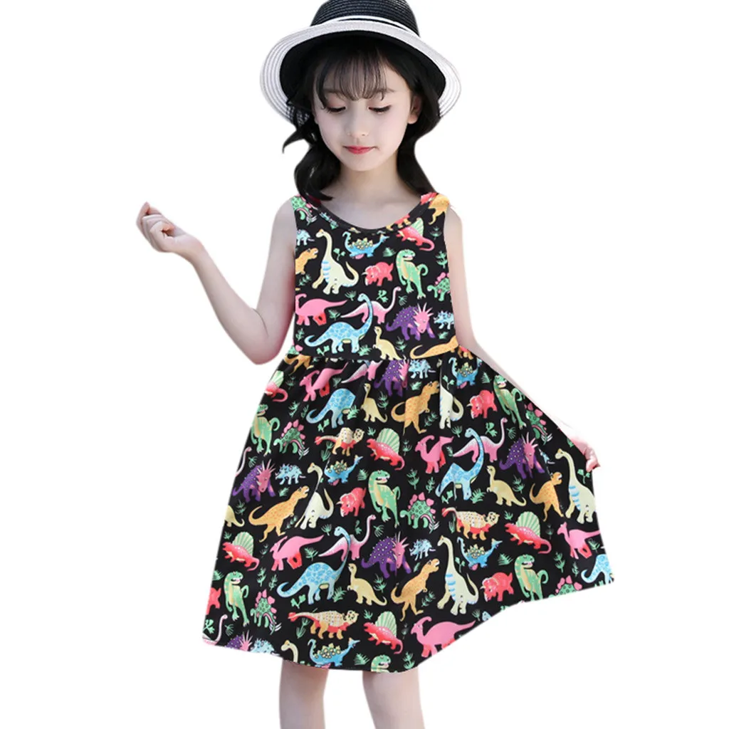 

O-neck Kids Dresses For Girls Summer Dinosaur Print Children Girls Dresses Fashion Sleeveless Kids Toddler Girl Party Dress