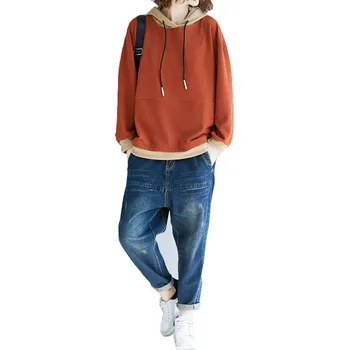 

Women's Hooded Sweatshirts 2019 New Spring Autumn Long-sleeved Coat Loose Large Size Pullover Casual Contrast Top IOQRCJV Q7