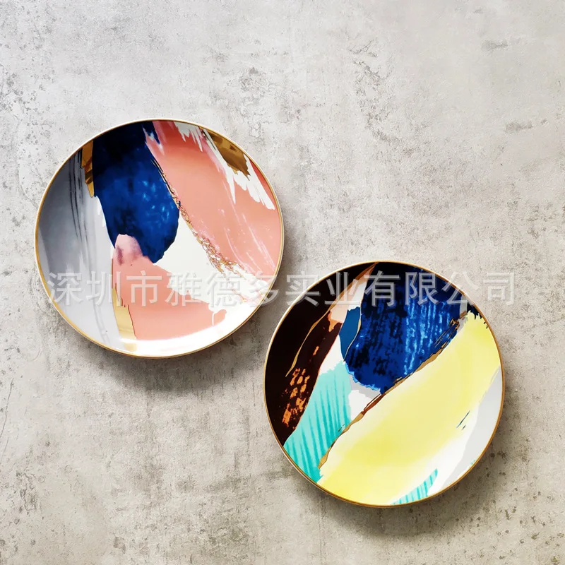 

Nordic Creative Plate Tableware Set Household Ceramic Round Dish Steak Plate Western Plate Dishes Sets Dinnerware Cutlery