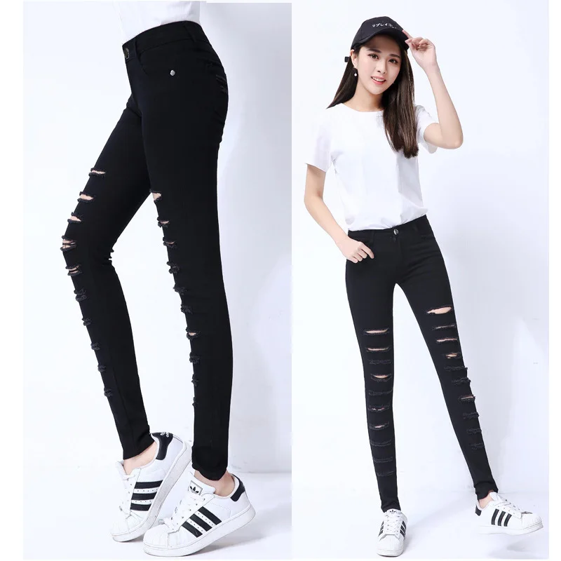 

sunlight Summer style white hole ripped jeans Women jeggings cool denim high waist pants capris Female skinny black casual jeans