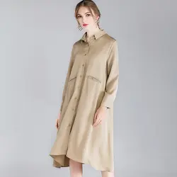 2019 однотонная Весенняя Блузка Платье плюс размеры карманы дизайн плиссированные сзади для женщин блузка свободные платья для
