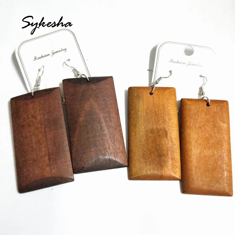

2019 Hot Big Solid Rectangle Heavy Block Wood Dangle Earrings Ethnic Africa Simple Pendant Earrings