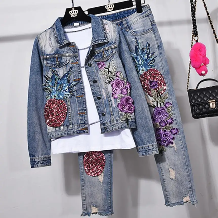 

two pieces sets spring new fashion women hole pineapple sequin embroidery flower denim jacket+skinny jeans