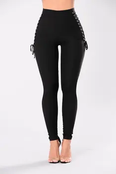

2017 New Side Lace-Up Pants High Waisted Thick Leggings Jeggings Stretch Skinny Trousers