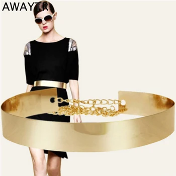 

AWAYTR New Female Metal Wide Waistband Golden Women's Belt Waist Chain Skirt Coat Dress Accessories Luxury Chain Women Belt