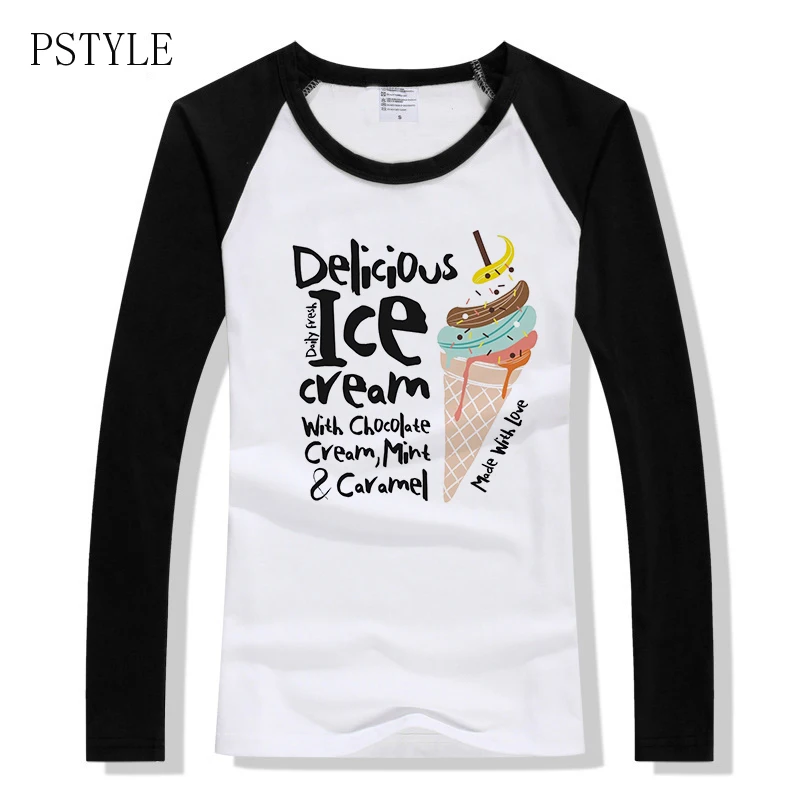 

Raglan Long Sleeve T-shirt for Women Delicious Ice Cream Printing Graphic Tshirt for Lady Young Girl Spring Tumblr Ropa Mujer